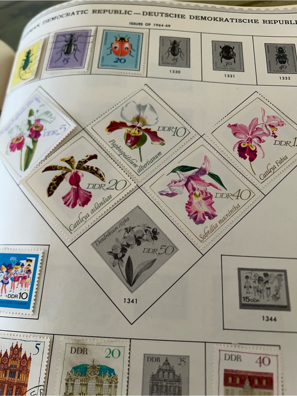 DDR Orchid Botanical Stamp Sheet - Pink Floral Stamps collection of 39 stamps